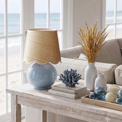 PARTPHONER Coastal Lamp, Small Ceramic Table Lamp, Light Blue Globe Base with Rattan Woven Shade, Rocker Switch Boho Bedside Lamp for Bedroom, Living Room, Kids Room, Bulb Included