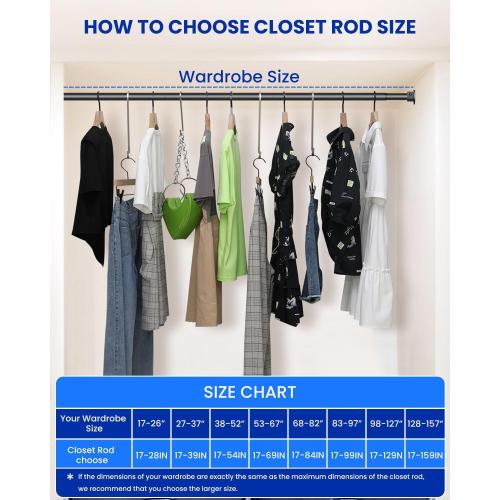 Closet Rods for Hanging Clothes, 17 to 129 Inches Stepless Adjustable Metal Closet Rod, 1.3 Inches Heavy Duty Clothes Hanging Rod for Closet Wardrobes Laundry RV, Black