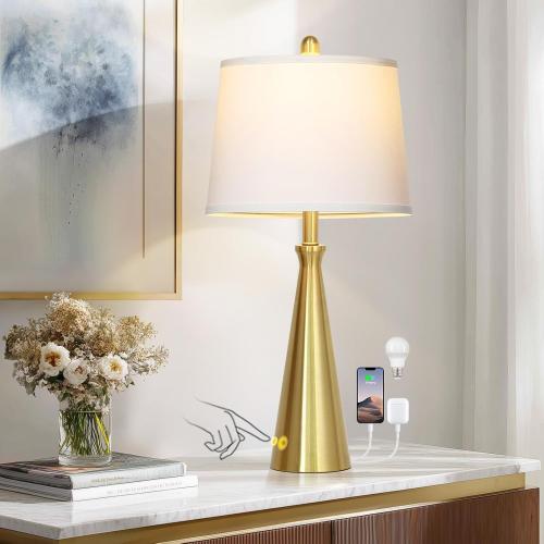 Rinweey 28 Modern Gold Touch Table Lamp for Living Room,Gold Bedside Lamps with USB A C Ports - Gold Metal Table Lamp Set for Nightstand, End Table - 1 LED Bulb Included