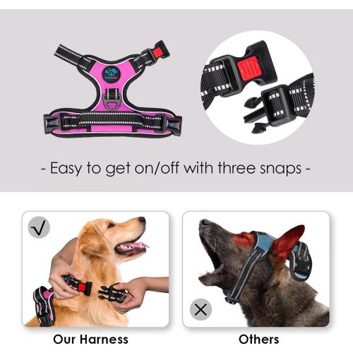 PHOEPET No Pull Dog Harness Medium Reflective Front Clip Vest with Handle,Adjustable 2 Metal Rings 3 Buckles,[Easy to Put on & Take Off](M, Pink)