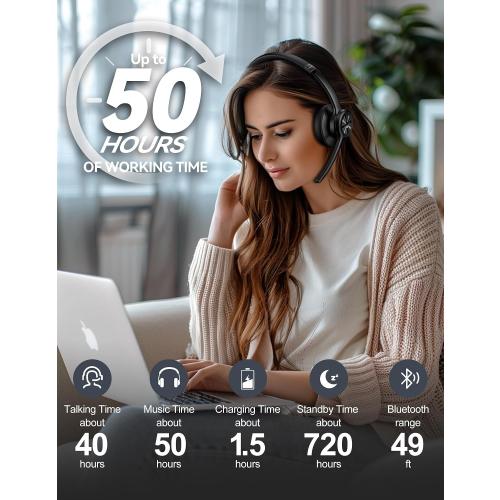TECKNET Wireless Headset, Bluetooth Headset with Noise Cancelling Microphone - Rechargeable Bluetooth V5.2 Headphones, 50H Playtime & Mic Mute, On Ear Headphones for Trucker/Remote Work/Call Center