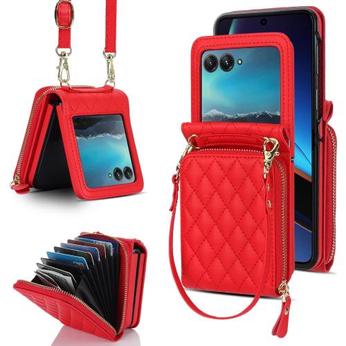 Asuwish Phone Case for Motorola Razr Plus 2023/Moto Razr 40 Ultra Wallet Crossbody Lanyard Strap & Kickstand Hinge Protection Heavy Duty Matte Hard Card Holder Cover Razr    5G XT2321-3 Women Men Red