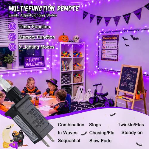 JMEXSUSS 200 LED Purple Halloween String Lights Indoor Outdoor Clear Wire