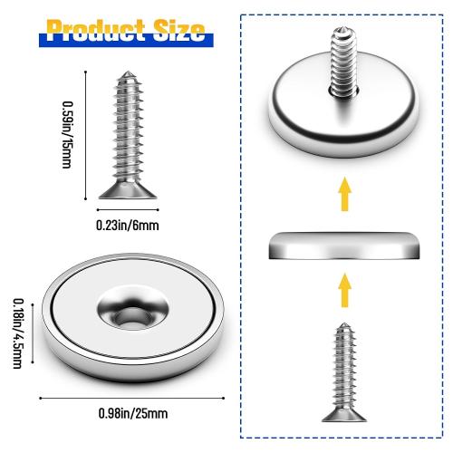 VNDUEEY Neodymium Cup Magnets, Strong Rare Earth Magnets 12 Pack 60LBS Round Base Disc Magnet Heavy Duty with Countersunk Hole and Stainless Screws for Kitchen Office Workplace Craft Holding Tools