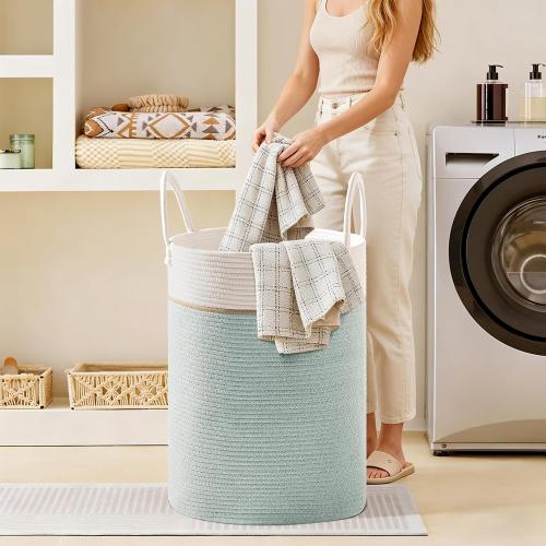 100L Extra Large Tall Cotton Rope Laundry Basket with Handles, Sage Green