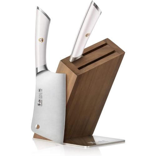 Cangshan ELBERT Series 3-Piece German Steel Forged Cleaver Knife Block Set, White, Full Tang Knife Set with Acacia Wood Block