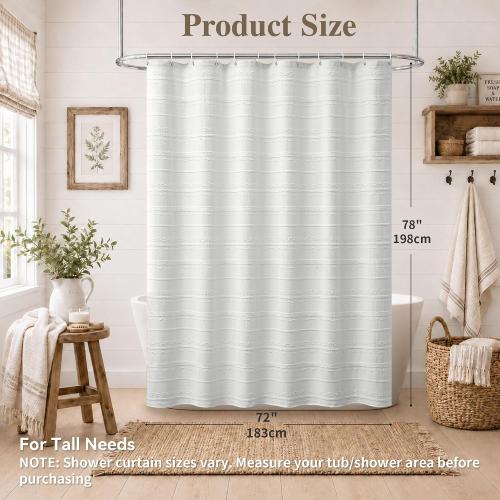 Extra Long Farmhouse White Shower Curtain Boho, 72 x 78 Cotton Blend Tufted Weave Waffle Stripe Textured Heavy Duty, Fabric Shower Curtain for Bathroom, Hotel