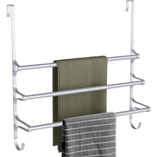 CANYAVE Over The Door Towel Rack, Extendable Triple Towel Storage Holder with Hooks, 24.02 Inches Towel Bar Hanger Towel Racks for Bathroom (Silver)