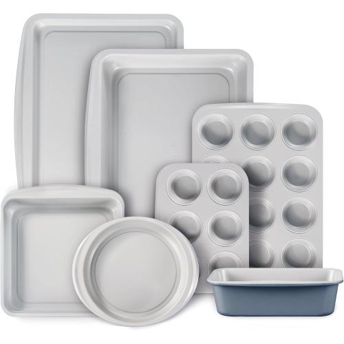 CAROTE 7-Piece Nonstick Stackable Baking Pans Set - Bakeware Sets Including Cookie Sheets for Baking, Muffin Pan, Bread Pan, Cake pan, Loaf Pan, Roasting Pan, Gray & Blue