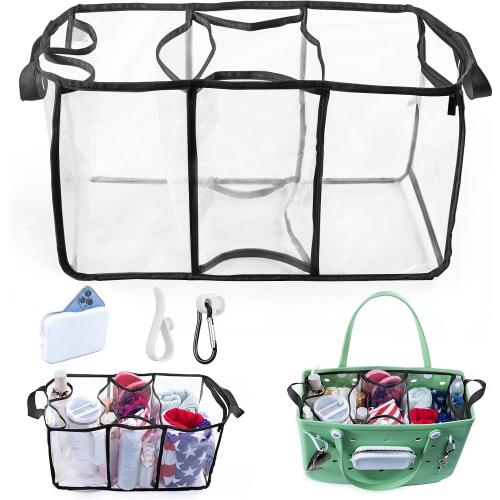 AMOIGEE Clear Beach Bag Organizer Insert with 3pcs Accessories for XL Bogg Bag Inserts - Tote Bag Divider with Sunglasses Holder, Phone Holder and Clips Hooks - Beach Tote Insert Organizer Liner