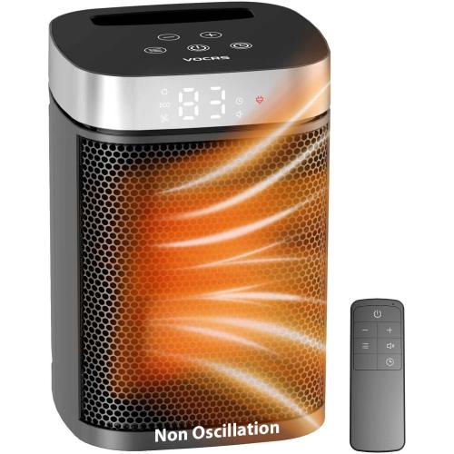 Small Portable Space Heater for Indoor Use - VOCRS 1500W PTC Electric Heater with Thermostat, Remote Control, 12H Timer, Eco and Fan Mode, Rapid and Safe Heating for Bedroom, Office