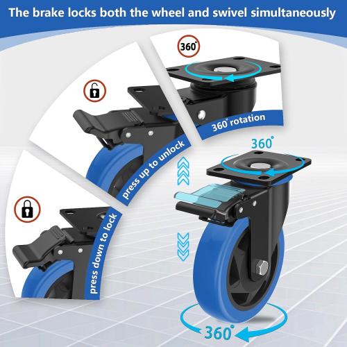 4 Inch Caster Wheel with Brake,Heavy Duty Casters Set of 4,Swivel Top Plate Casters