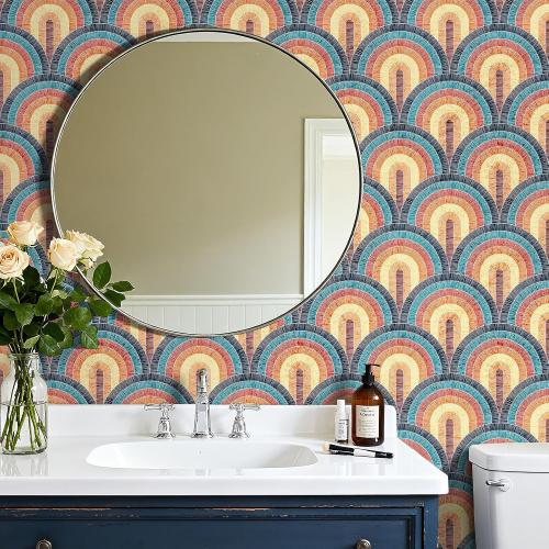 Livelynine 17.5x276 Retro Mid Century Modern Peel and Stick Wallpaper Vintage Rainbow Vinyl Bohemian Bathroom Wallpaper Waterproof Renter Friendly Contact Paper Roll Watercolor Brown Yellow Coral