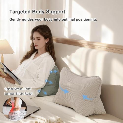 Pat. Pend. Corduroy Lumbar Support Back Pillow for Watching TV, Reading & Gaming, Ergonomic Triangle Support Cushion for Sofa, Armchair & Bed Sitting, Removable Washable Cover, Beige Gray