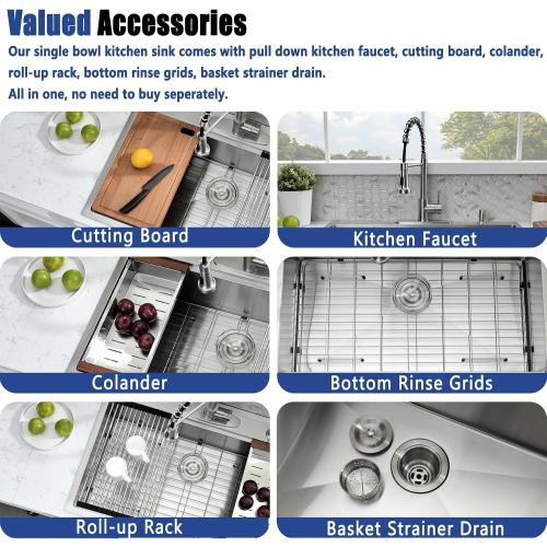 33 x 22 Drop In Kitchen Sink with Faucet Combo - 33x22 Drop In Sink and Faucet Combo Set,Stainless Steel 10 Inch Deep Single Bowl Workstation Sinks with Accessories