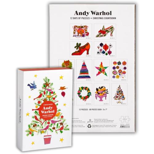 Galison Andy Warhol Christmas Countdown – 12 Days of Puzzles Featuring Iconic Whimsical Warhol 1950s Christmas Paintings Drawings and Prints