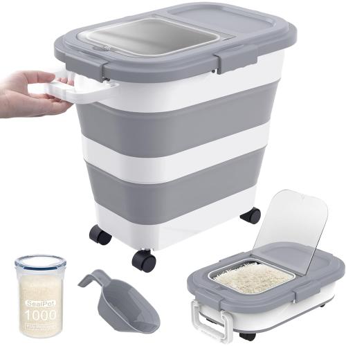 HOYTAMDA 25-35Lbs Rice Container,Collapsible Airtight Food Storage Containers with Wheels,Handle,Rice Storage Container with Small Bin and Scoop,Rice Dispenser for Flour Sugar Cereal Grain Dog Cat