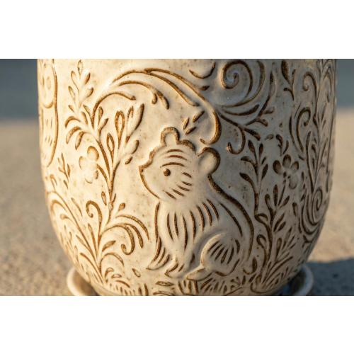 Decorative Ceramic Planter Pot with Saucer, Brown with Gold and Silver Owl Pattern, Indoor Garden Container with Drainage (White, 6 inch)