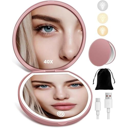 Magnifying Mirror, Rechargeable Compact Makeup Mirror with Light 40X Rose