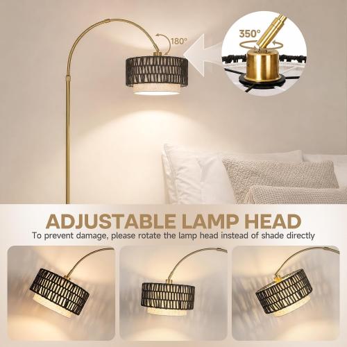 Arc Floor Lamp for Living Room with 12W Bulb,61.5-71.5 Height Adjustable Rattan Floor Lamps with 3 Color Temps, Farmhouse Arched Standing Lamp,Boho Floor Lamp, Arched Floor Lamps for Bedroom, Office