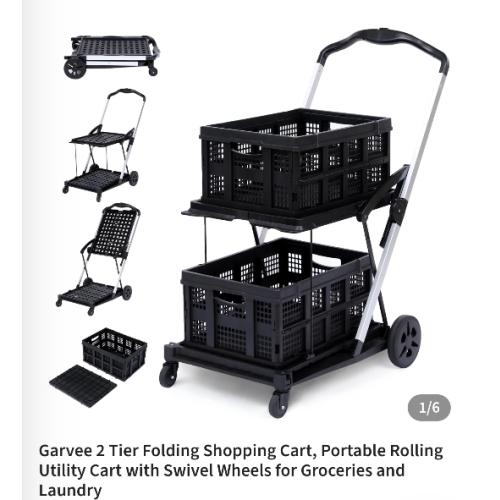 Garvee 2 Tier Folding Shopping Cart, Portable Rolling Utility Cart with Swivel Wheels for Groceries and Laundry