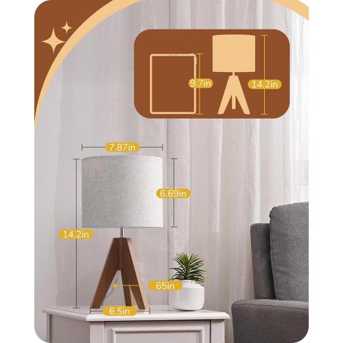 14.2 in. Light Brown Wooden Base Table Lamp Set with Beige Shade and Tripod (Set of 2)
