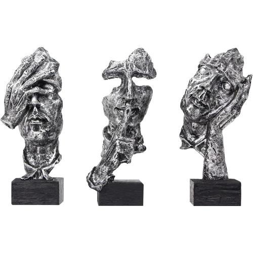 aboxoo Large Size 3 Pcs Thinker Statue, Silence is Gold, See No Evil Hear No Evil Speak No Evil Statues, Modern Resin Sculptures Decor for Living Room, Home, Office Study (Silver)