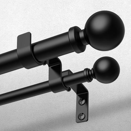 36-122 Inch Double Curtain Rod, Matte Black Heavy Duty Dual Rods