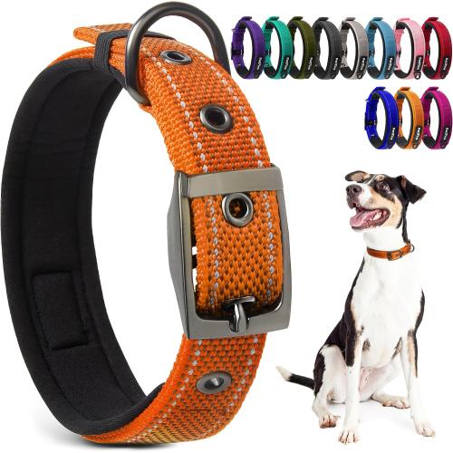 PetiFine Heavy Duty Dog Collar with Durable Metal Buckle,Neoprene Padded Comfort Dog Collar, Reflective Adjustable Belt Buckle Dog Collars for Small Medium Large Dogs(14.5''-19'', Orange)