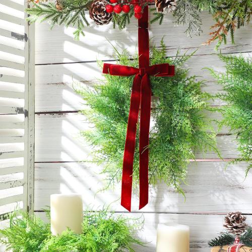XunYee 4 Pack Small Christmas Wreath for Cabinet Home Kitchen Whimsical Decor with Velvet Bow 11 Persian Grass Lime Green Green Fern Mini Wreaths for Xmas Home Candle Window Chair Fence Decor