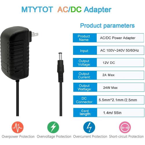 DC 12Volt 2A Power Supply Adapter 24W AC DC Wall Adapter 100-240V AC to DC 12V 2A 1.5A Power Adapter Cord Converter with 5.5mm x 2.5mm Compatible with 5.5x2.1mm Tip 12V ac/dc Transformer