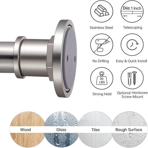 BRIOFOX Industrial Shower Curtain Rod - 2-in-1 Design Tension Curtain Rod - Never Rust Non-Slip 43 to 72 Inch 304 Stainless Steel, Brushed Nickel Window Curtain Rod