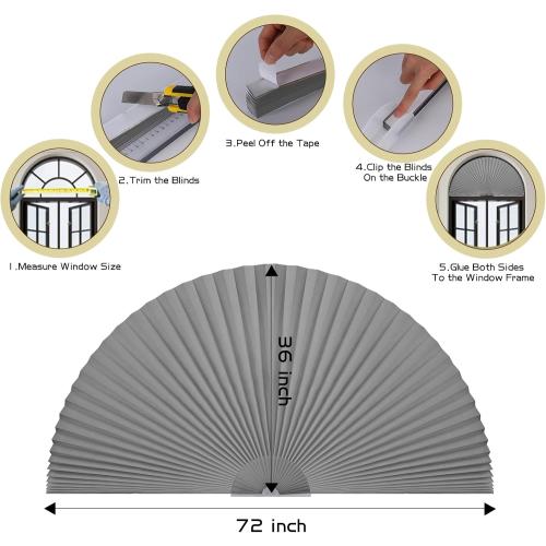 MALOKI Arch Window Shade,Light Filtering Pleated Shade,Half Circle Fabric Blinds Room Darkening Shades Easy Install Blinds Semi Circle Window Cover (1, Grey, 72x36)