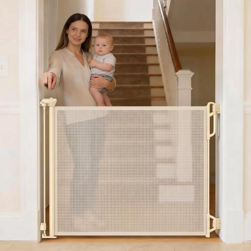 SPACEANY Retractable Safety Baby Gate or Mesh Dog Gate,Durable Portable Mesh Retractable Gate,Easy to Use for Stairs, Doorways, Hallways, Indoor, Outdoor, 33.5 Tall, Up to 45 Wide, Cream