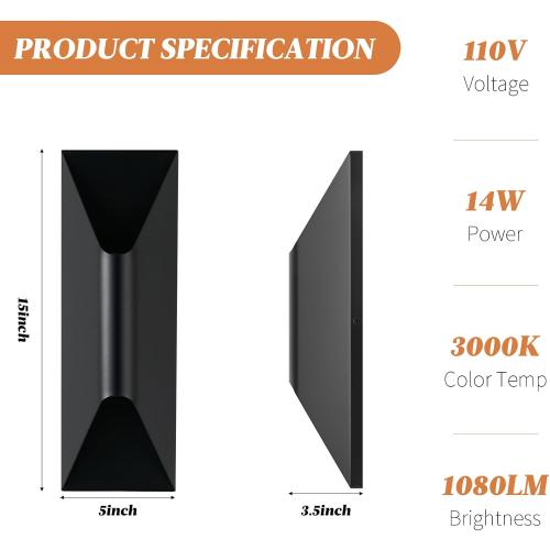 Outdoor Wall Light Fixture, 15 Up and Down Waterproof Porch Wall Sconce, Replaceable Bulb, 3000K LED, Modern Black Outside Lights for House, Front Door, Garage