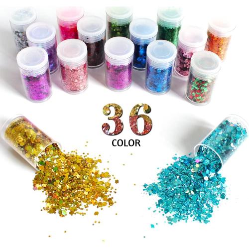 Holographic Chunky Glitter, Set of 36 Colors Craft Glitter Sparkle Sequins, Cosmetic Glitter Flake for Epoxy Resin, Body, Face, Eye, Nail Arts, Slime Making, Wedding Festival Party Decoration