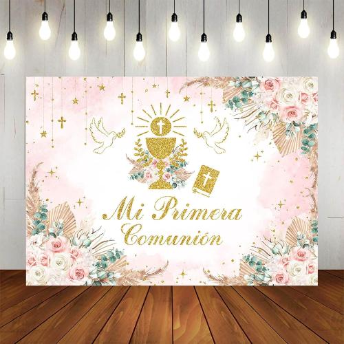 Boho God Bless Baptism Backdrop 7x5ft Pink Mi Primera Comunion Background