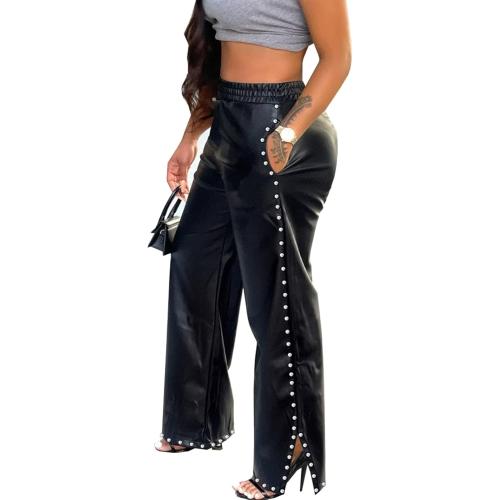 Size L Women's Wide Leg Faux Leather Pants Rivets Pearls Elastic Waist Beggy Trousers with Pockets