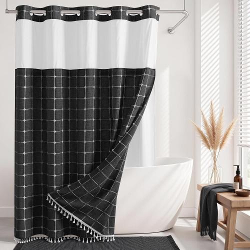 RiverDream Farmhouse No Hooks Shower Curtain with Snap-in Liner,Black,71x74