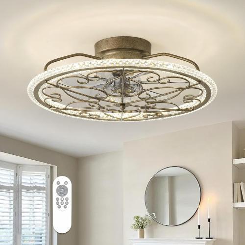Low Profile Ceiling Fan with Lights 20 Ceiling Fan with Remote Bladeless Ceiling Fan Boho Vintage Flush Mount Ceiling Fan with Light 3 Color Smart LED Dimmable,Handmade Antique Vintage Silver