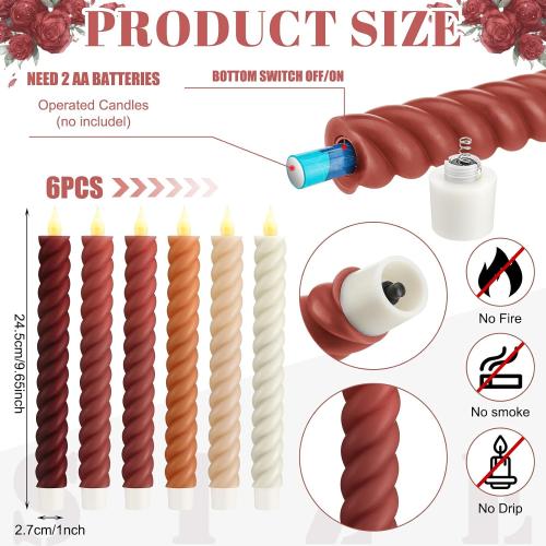 Baquler 6 Pcs Fall Flameless Taper Candles, 9.65 Inch Led, Mixcolor