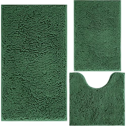 Green Bathroom Rug Chenille 3-Piece Extra Soft and Absorbent Shag Bath Mat Set, Machine Wash Bathroom Rug Set, Strong PVC Non-Slip Underside, Plush Carpet Bath Mat (Dark Green)