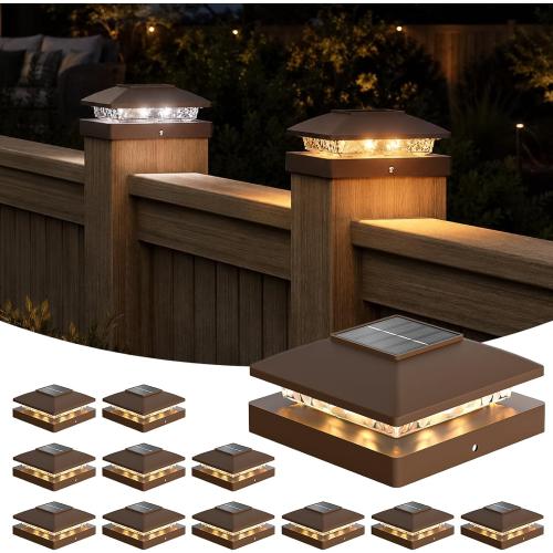 APONUO Solar Post Cap Lights for 4x4 Posts - IP64 Waterproof, Warm/Cool White, Wireless Fence Lights & Deck Lights for Patios, Gardens, and Yards, Brown,12 Pack