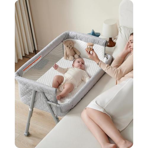 AirClub Bassinet Bedside Sleeper, Baby Crib for Newborn, Baby Bassinets Bedside Sleeper with 4 Auto-Lock & Adjustable Height, Breathable Mesh & Mattress, Bedside Bassinet