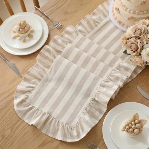 Tegeme Brown and White Stripe Ruffle Table Runner, 100% Cotton 13 x 90