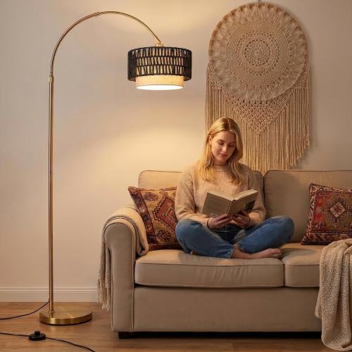 Arc Floor Lamp for Living Room with 12W Bulb,61.5-71.5 Height Adjustable Rattan Floor Lamps with 3 Color Temps, Farmhouse Arched Standing Lamp,Boho Floor Lamp, Arched Floor Lamps for Bedroom, Office