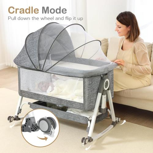 Baby Bassinet, Portable Bedside Bassinet, Twin-Friendly, 4-in-1 Bedside Crib with Waterproof Mattress, Adjustable Height & Locking Wheels for Newborns, Grey