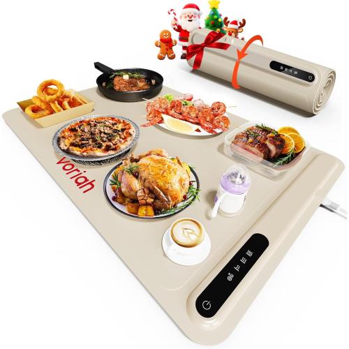 Warming Mat for Food, Voriah Electric Warming Tray with 3 Temp Settings & Auto Shut-Off, Food Warmer with Thick Silicone Surface to Keep Food Warm at Buffet, Parties, and Family Use（Apricot）