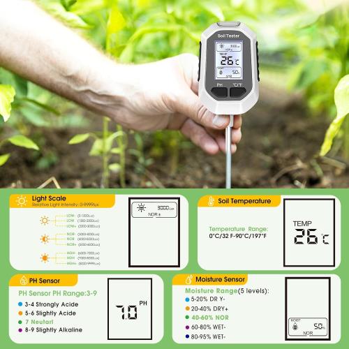 4-in-1 Soil Moisture Meter Digital Plant Temperature/Soil Moisture/PH Meter/Sunlight Intensity Backlight LCD Display Soil Test Meter for Gardening, Farming and Outdoor Plants