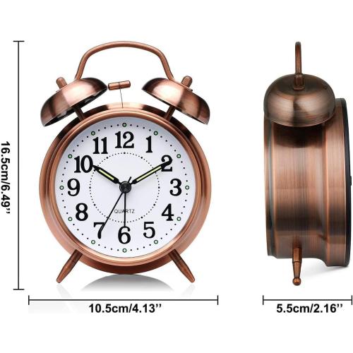 Azyh Loud Alarm Clock for Heavy Sleepers Adults, Metal 4 Inches Twin Bell Battery Operated Alarm Clocks for Bedrooms Decoration, Silent Non-Ticking, Back-to-School Gift (Red Brown)